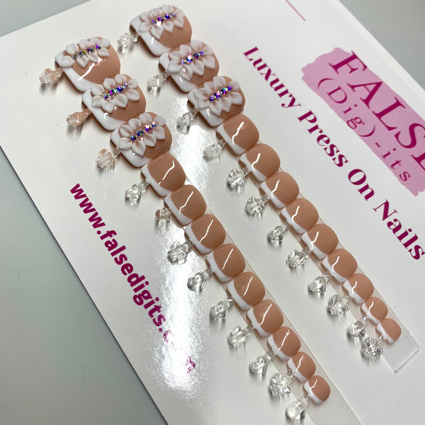 Full Set: Floral Bling Nude Frenchie Toenails