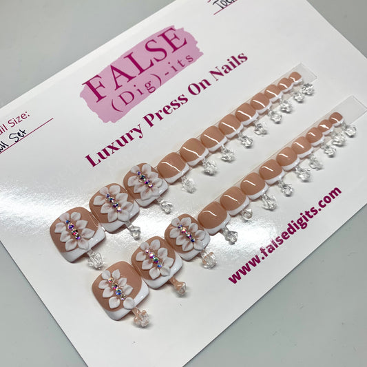 Full Set: Floral Bling Nude Frenchie Toenails