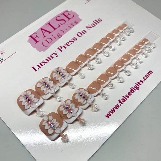 Full Set: Floral Bling Nude Frenchie Toenails